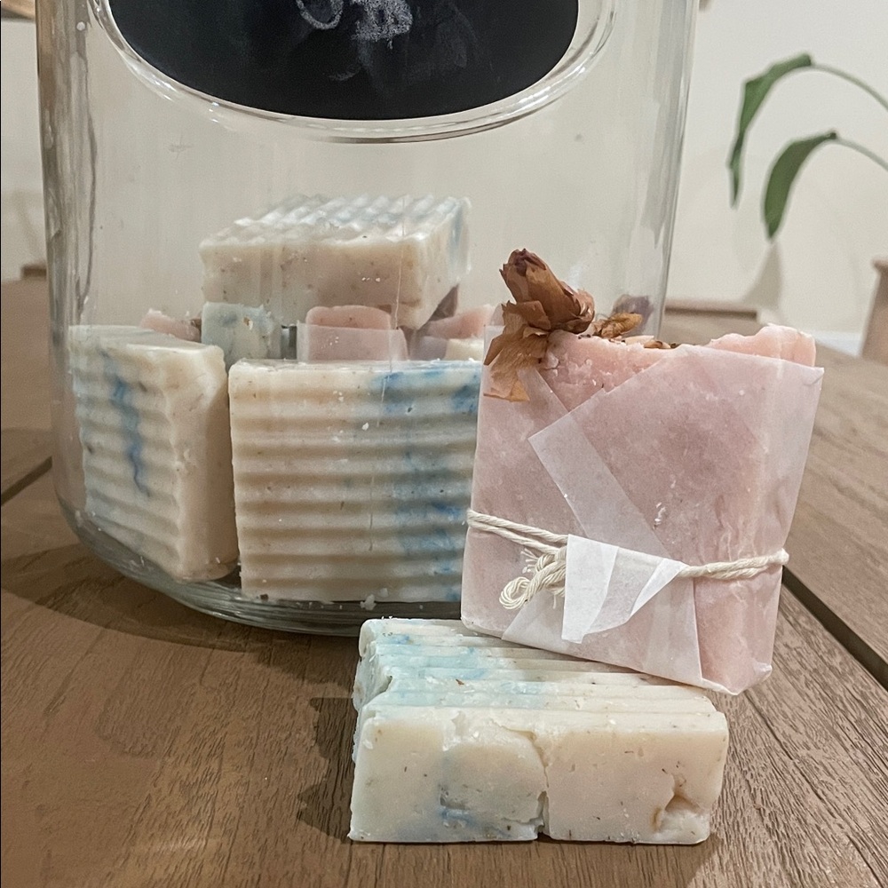 Handcrafted Soap Bars with Pink and Blue Accents